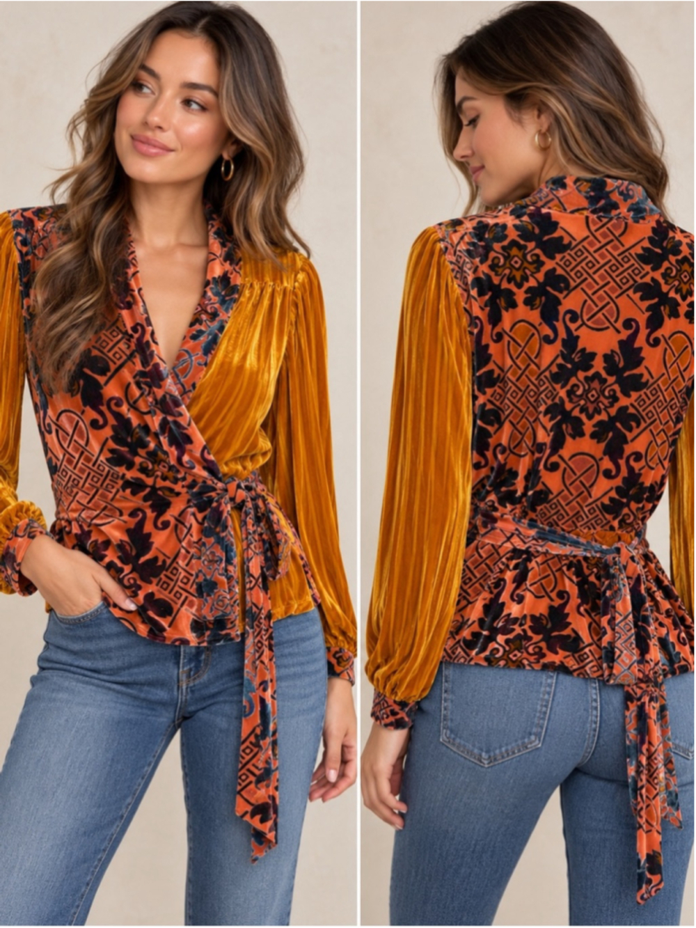 Moulinette Soeurs Rust and Mustard Velvet Wrap Blouse Size M Boho Holiday